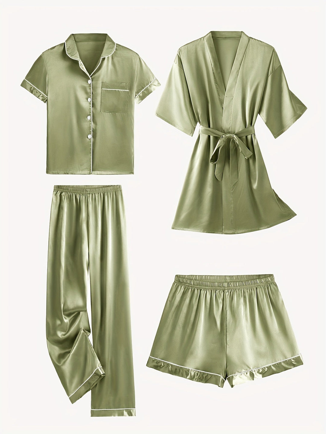 Juliette | 4-Piece Solid Satin Pajama Mid-Sleeve Robe Set
