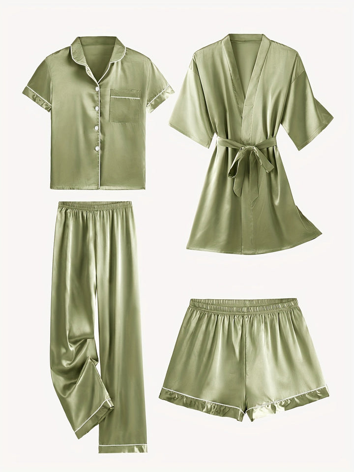 Juliette | 4-Piece Solid Satin Pajama Mid-Sleeve Robe Set